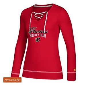 New adidas Red Calgary Flames Skate Through Long Sleeve Lace-Up V-Neck - T-Shirt